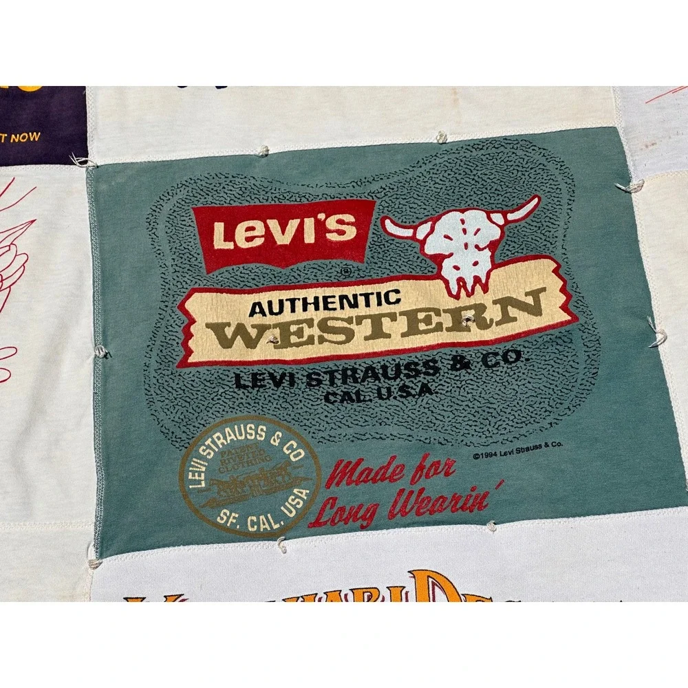 Vtg 90s Graphic T-Shirt Quilt Handmade Patchwork Blanket Levis Bart College